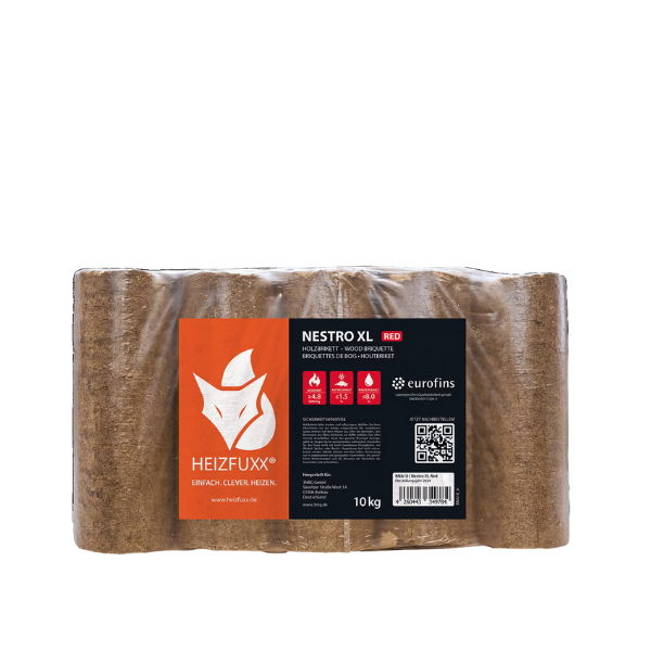Heizfuxx Nestro XL Rot Hartholzbriketts – 960 kg Palette (96 x 10 kg) Hochverdichtete Holzbriketts für Kamin & Ofen